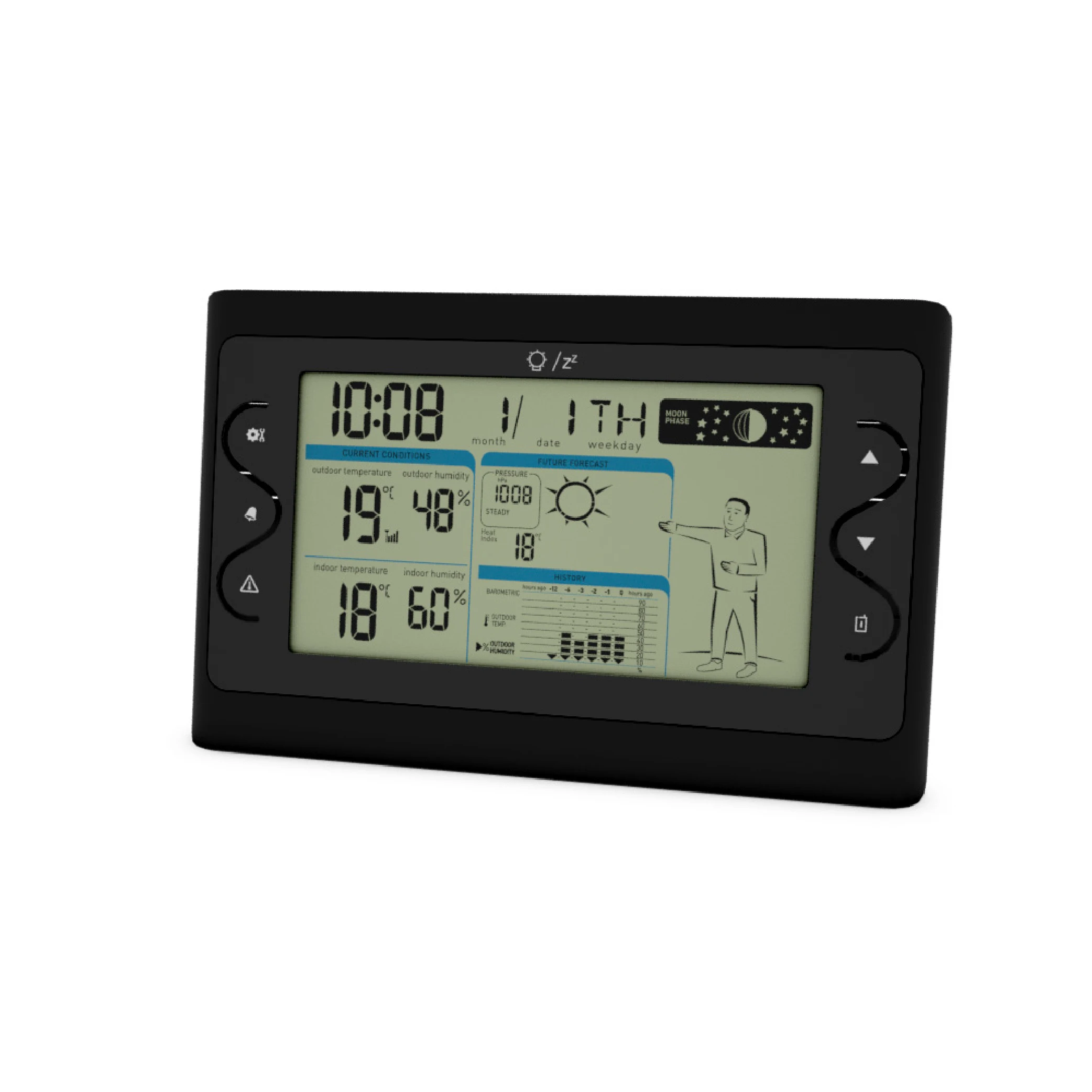 Thermometer digital alarm clock with wearing clothing index historical barometric/outdoor temperature and humidity record trends