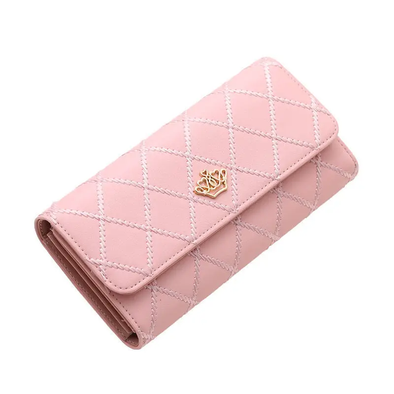 Crown lady flip long purse with huge capacity metal button  women mobile phone cases