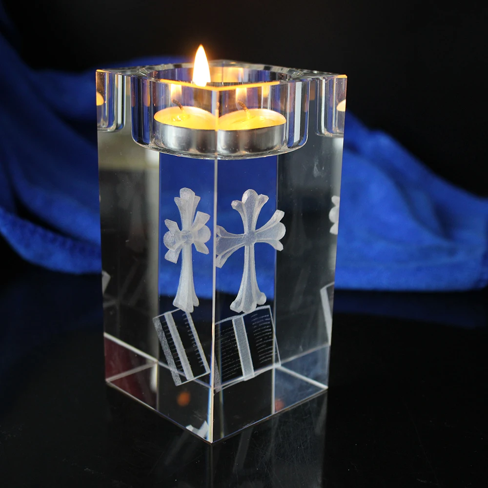 Wholesale Crystal Glass Block Jesus Cross Candle Holder For Religion Gift