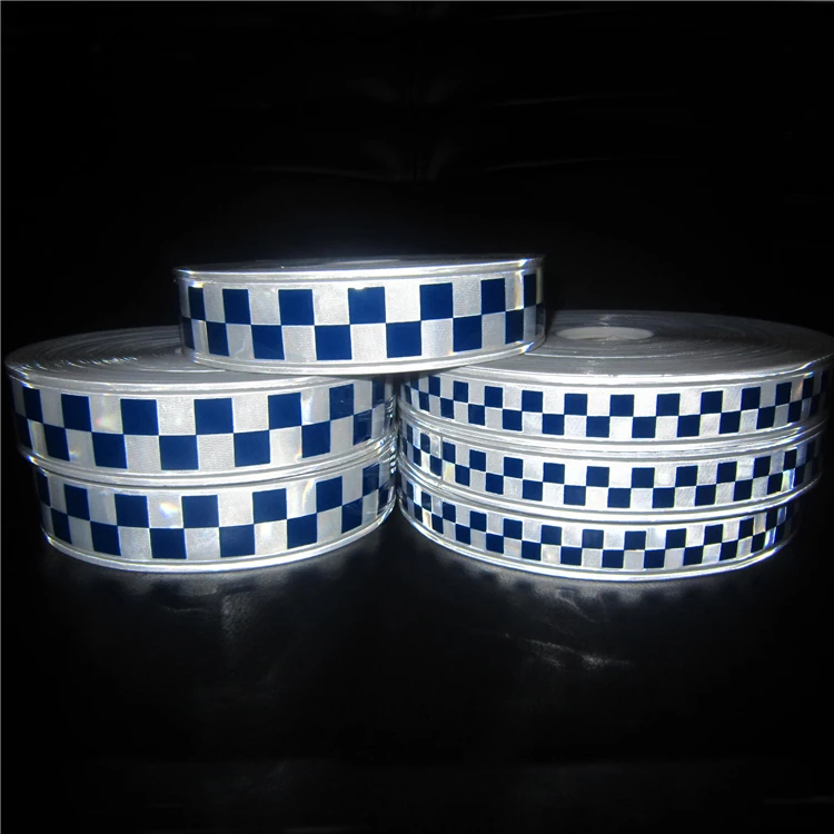 Custom Glow in the Dark Sew on Warning Polyester Blue White Reflective Checker Tape