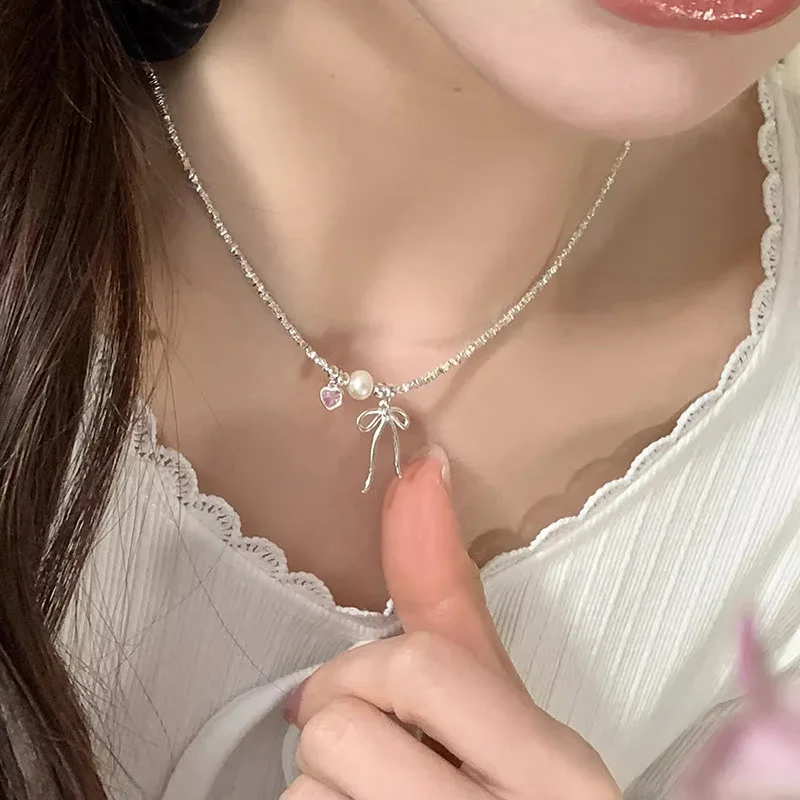 S925 sterling silver bow pink heart broken silver necklace sweet girl heart freshwater pearl necklace
