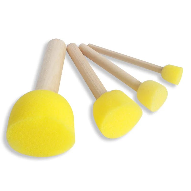 Hot selling 4pcs kids painting foam brush set yellow mushroom seal painting sponge brush with wooden handle