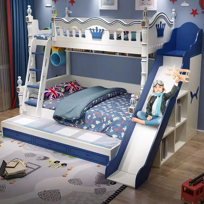 High quality child wooden kids bunk beds with slide wardrobe ladder cabinets children bunk beds double layer kids beds hot sell