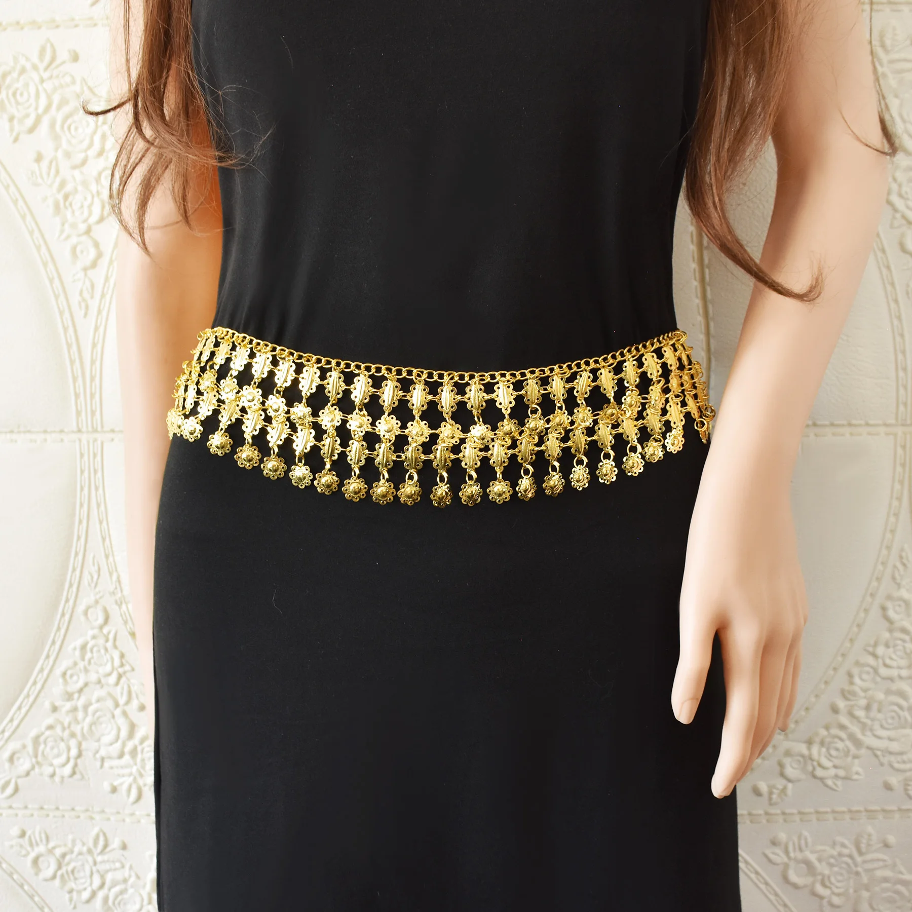 High Quality Multi layer golden Alloy Body coin waist chain belt for lady