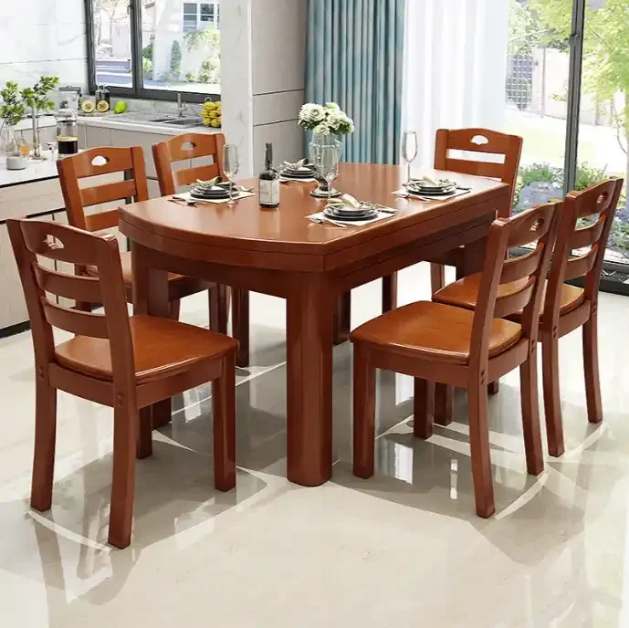 Factory Modern Dinner Table Set 6 Chairs Home Furniture Rubber wood Chair Solid Wood  House Round Rotating Dining Tables