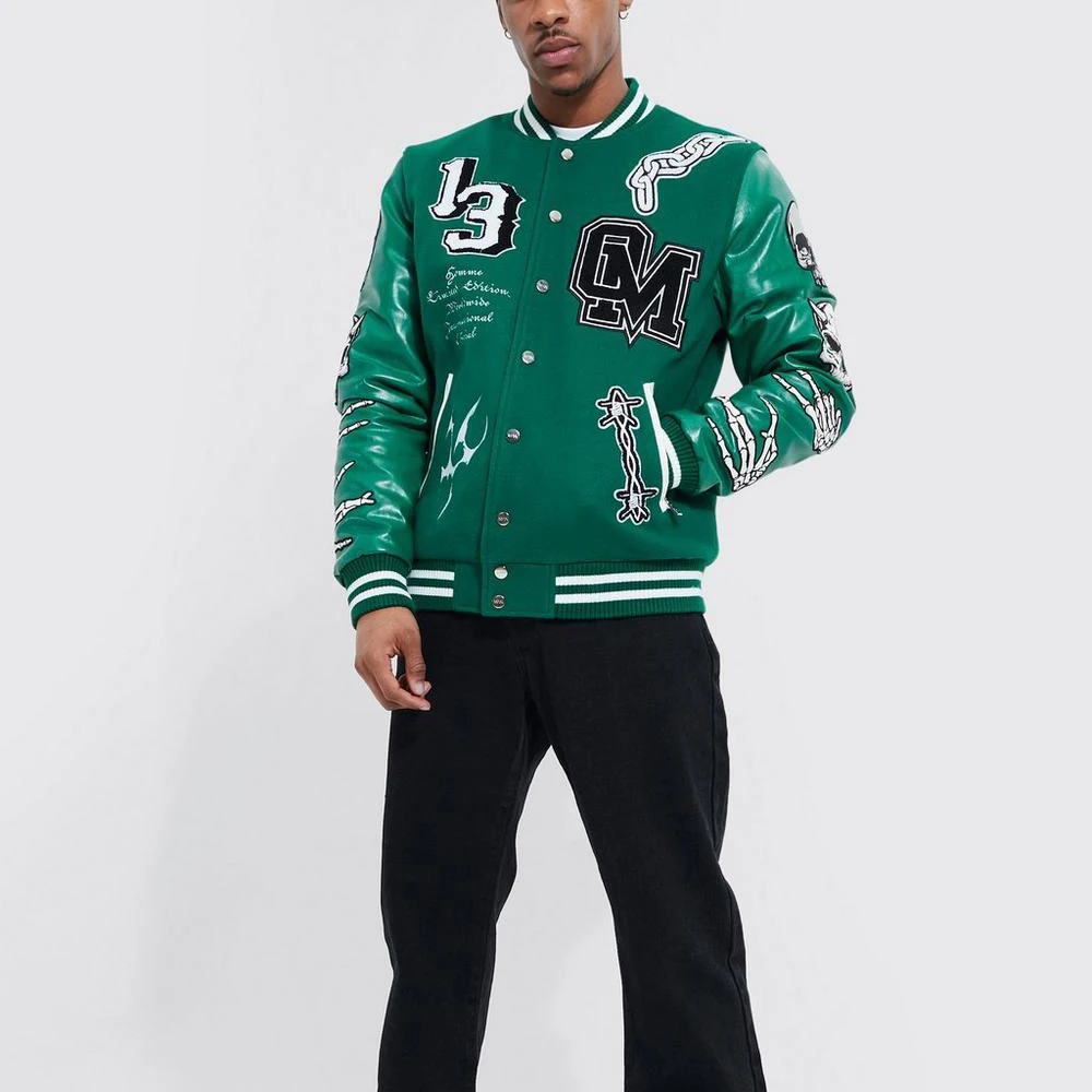 new arrival college varsity jacket green logo pu leather bomber varsity jacket for men