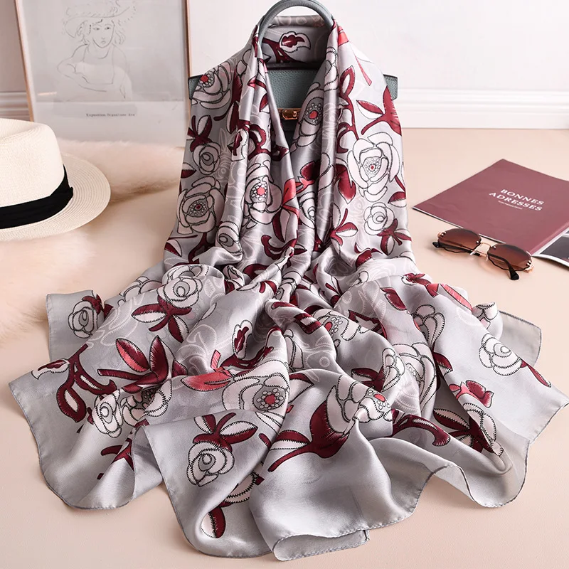 Wholesale 2020 latest summer beach shawl wraps fashion grey flower print oversize long women korean silk scarf