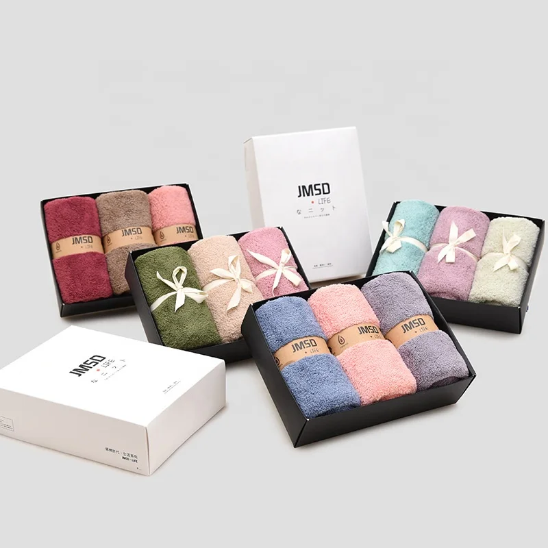 
Custom high quality luxury magic absorbency microfiber coral fleece face hand hair bath cleaning towel in gift box 3pk 