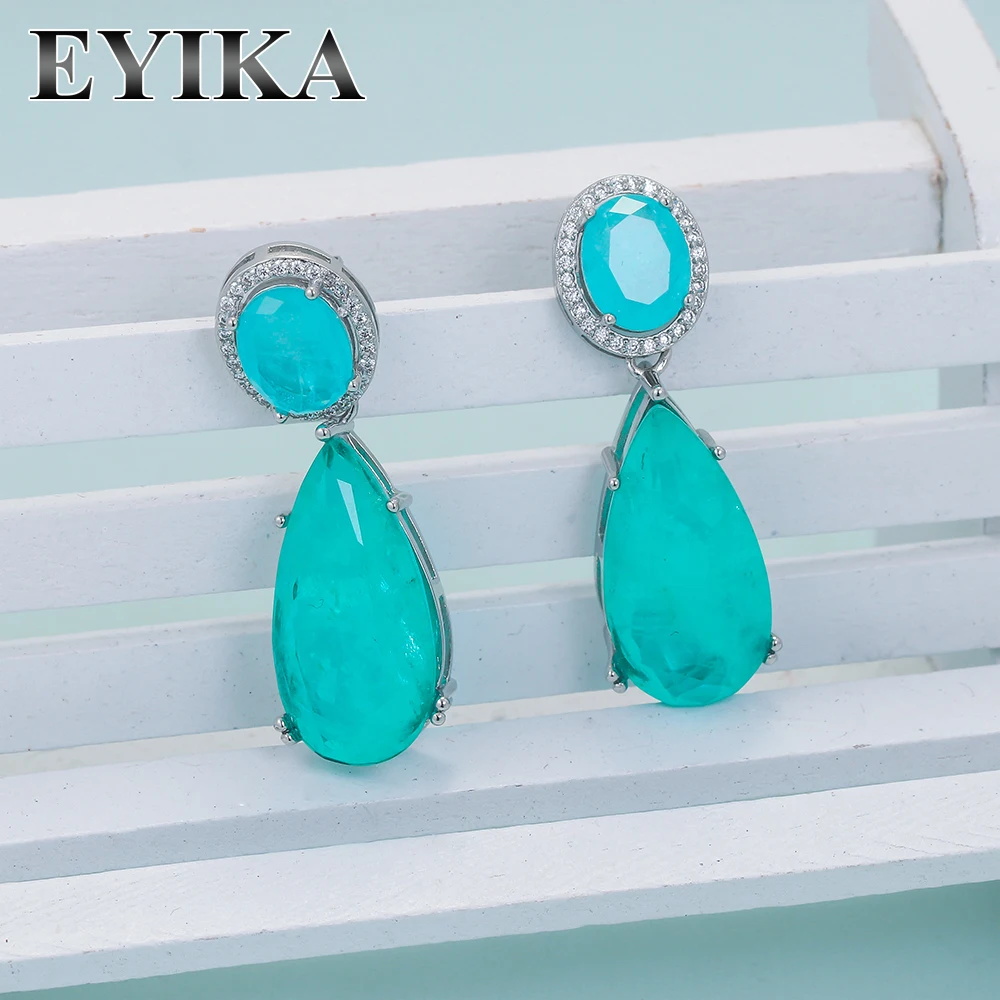 Brazilian Paraiba Tourmaline Emerald Stones Drop Earrings for Women White Gold Plated Pearl Drop Earrings Party Semi Jewelry