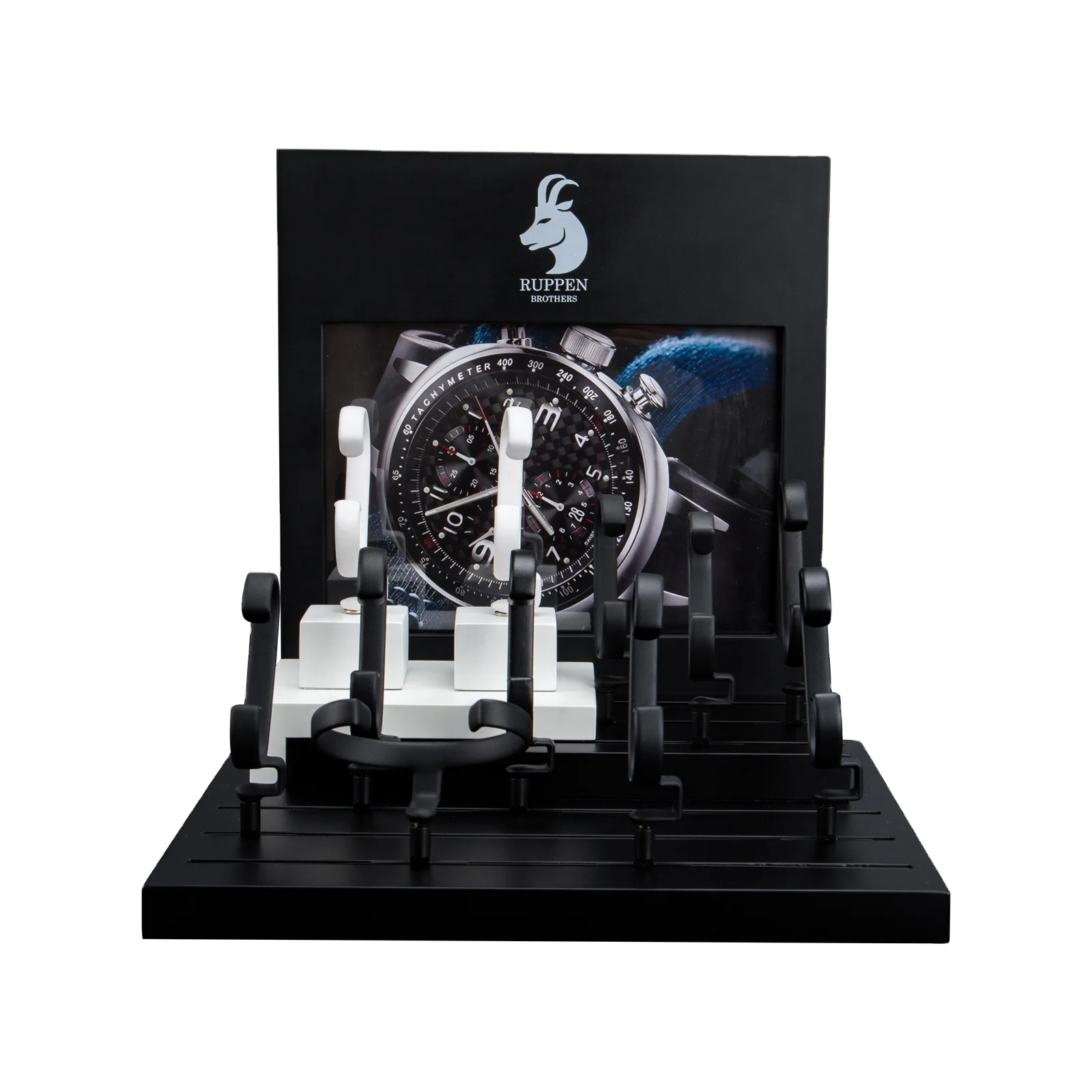 Custom Eco-friendly Black Matt Finish Mdf Wooden Small Stand Vertical Bracelet Wrist Watch Showcase Jewelry Packaging Display