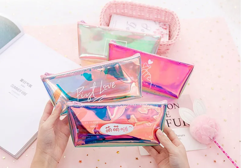 Прозрачная сумка на молнии с сердечками и блестками, школьный пенал из ПВХ на молнии, чехол для карандашей