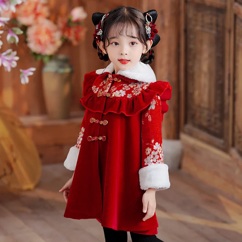 Red girls hanfu winter midi dress chinese style turn down collar princess dress