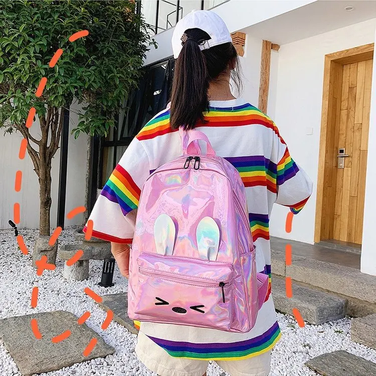 Korean Version Of Bright Laser Junior High School Girls Backpack Fashion Waterproof Cartoon Rabbit Ears Backpack
