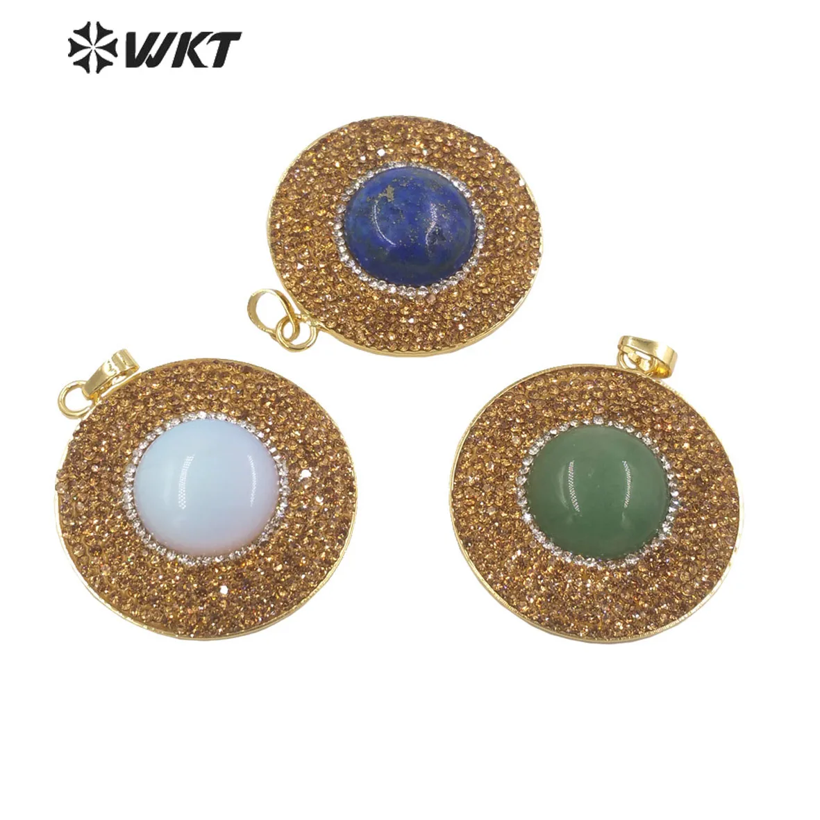 WT-P1900 New design fashion gold bezel rhinestone setting stone pendants Big Round plate Lapis Energy pendant for Birthday