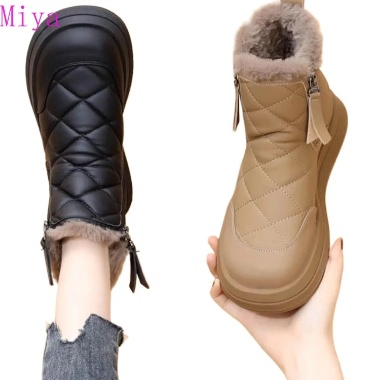 H-01 Cheap wholesale Diamond lattice stitches waterpoof Oxford upper thicken warm fur inside zipper flat snow boots for women