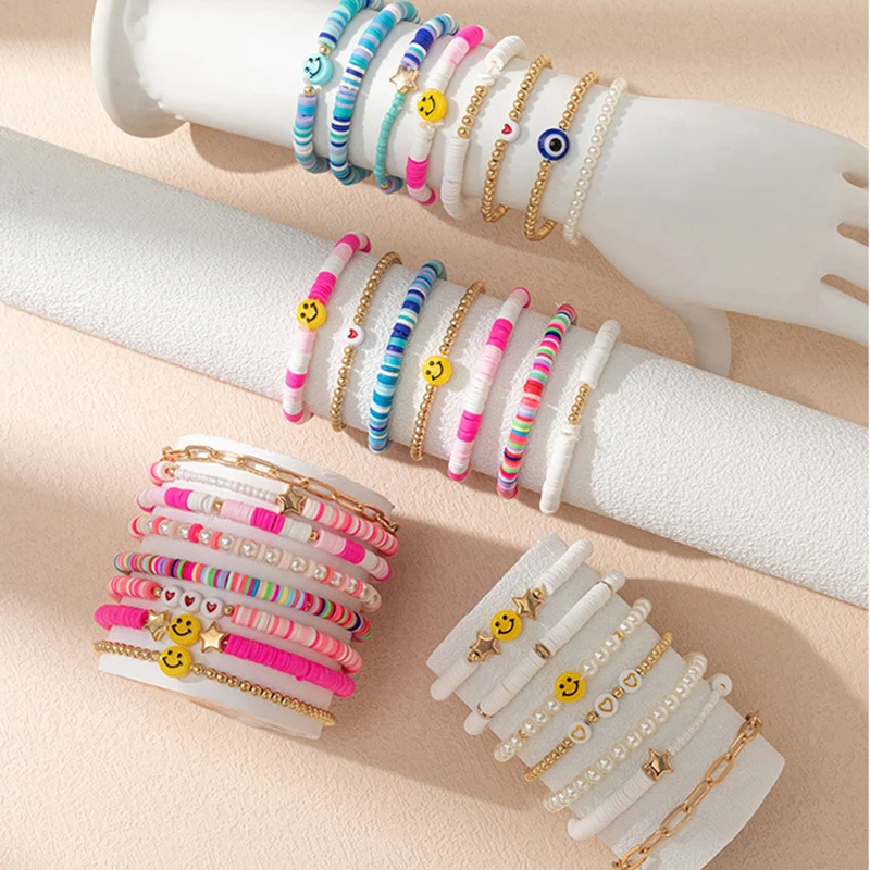 New Arrival Stackable Friendship Bracelet Polymer Clay Beaded Bracelets Set Gold Handmade Plastic Plated BOHEMIA for Girls Kids