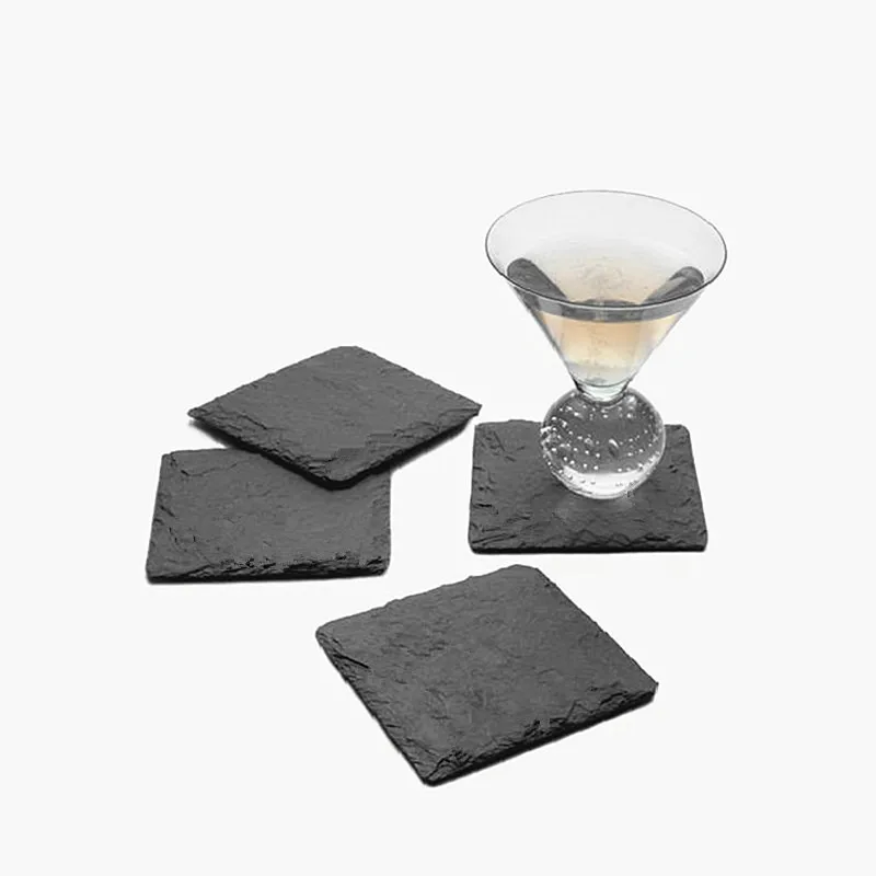 Factory Customized In Stock Black Square Round Blank Stone Slate Coaster Set Bulk For Engraving