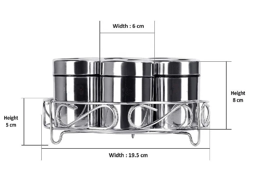 Premium Stainless Steel Spices Container For Kitchen | Storage Container Each 190ml (7 Container, 7 Spoon & Stand)