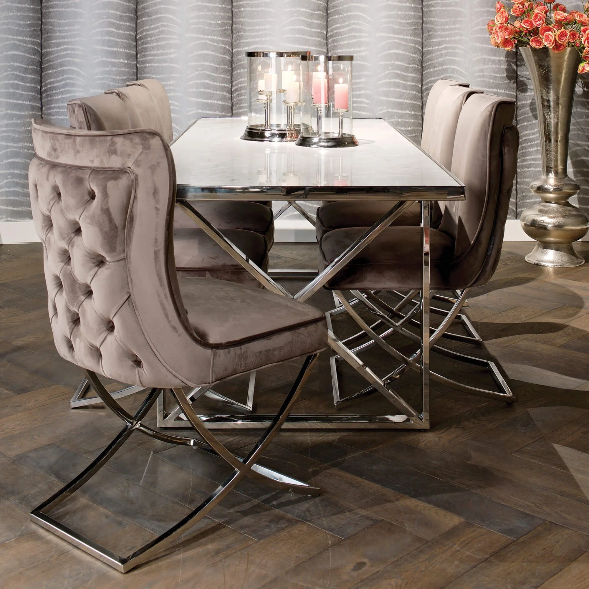 Gold chrome stainless steel frame dining table set with chair  marble stone  white glass black glass top stable best quality