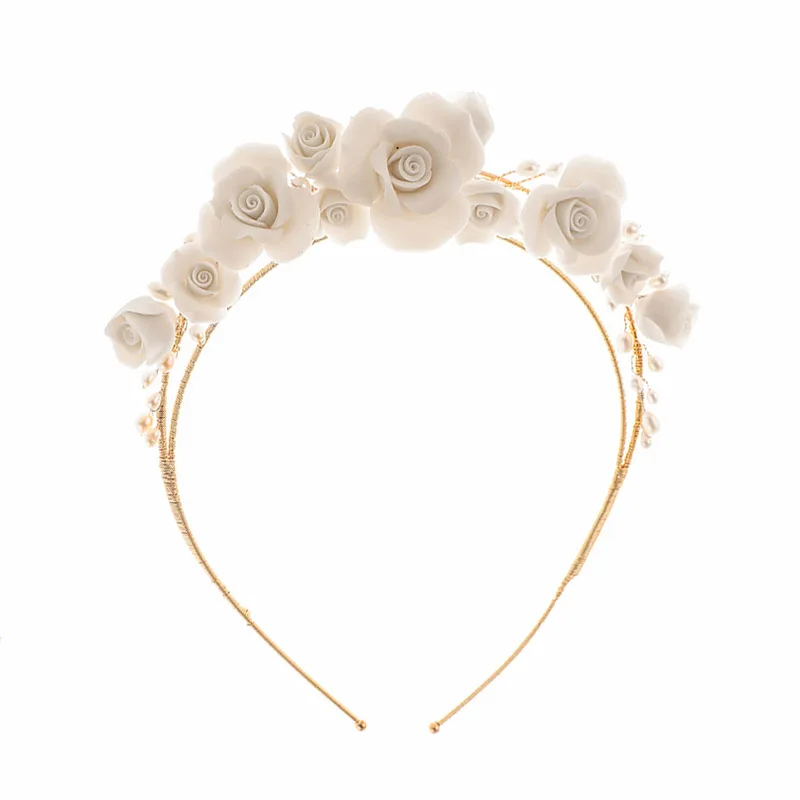 Handmade Ceramic Flower Headpieces Freshwater Pearl Wedding Tiaras Prom Crowns Bridal Hair Accessories White Floral Headbands