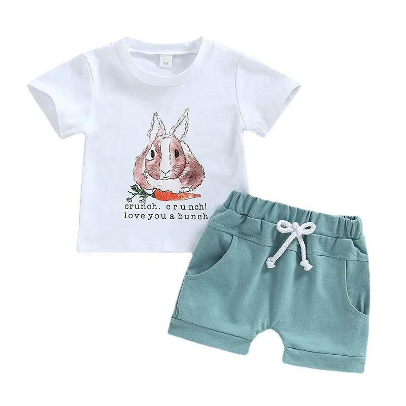 Boys Easter Day Bunny Print Short Sleeve White Shirt With String Jogger Shorts Casual Hip Hop outfit