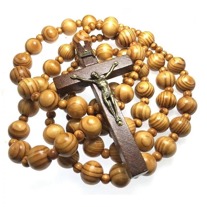 Giant Big Beads Rosario Natural Wood bead Chain Jesus Cross faux olive wood bead oversized Wall rosary