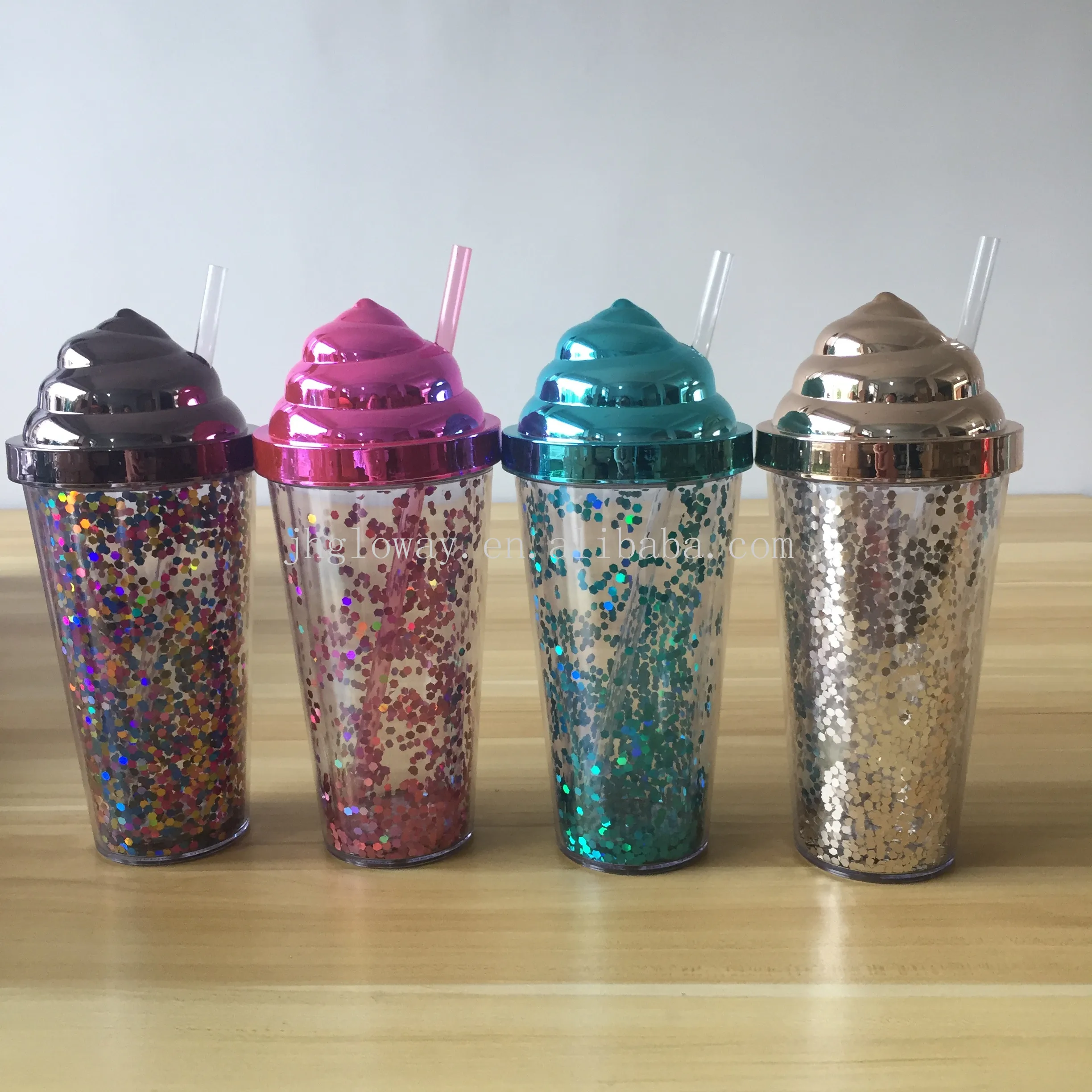 16oz  Acrylic ice cream tumblers colors double wall  with plastic straw in stock