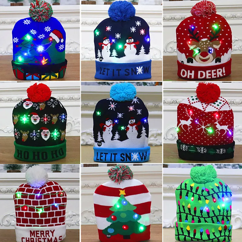 Winter Snow Sweater Knit Hat Christmas Light Up Knitted Beanie Hat Flashing Holiday for Women Men Kids Xmas Party Supplies