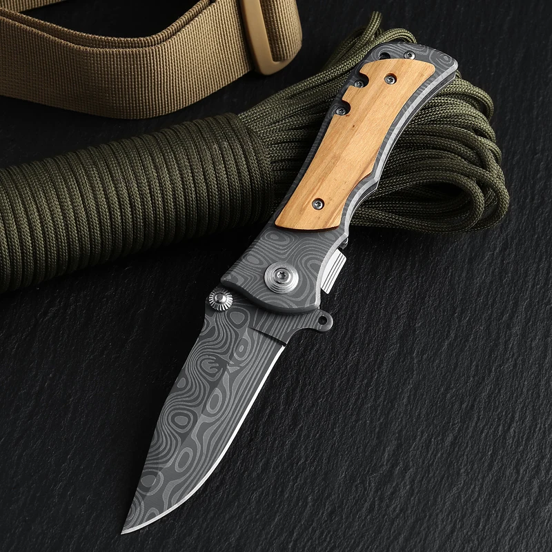 Hot Sale Custom Engraved Olive Wood Handle Outdoor Camping Hunting Custom Folding Pocket Knife