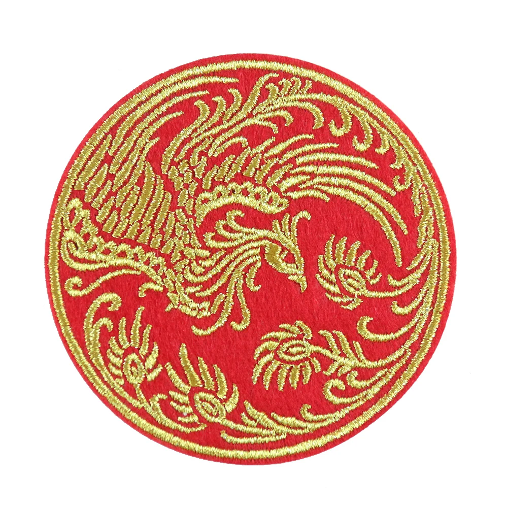 Изготовленные На Заказ высококачественные красные золотые нашивки с вышивкой в китайском стиле Дракон и Феникс благоприятные нашивки утюжок на одежду