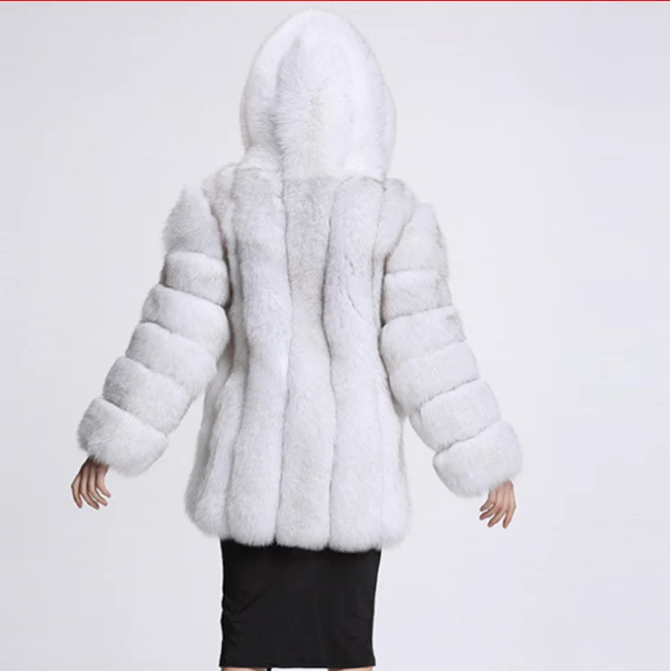 Women Artificial Fur Outwear Hooded Faux Fox Fur jacket Fake Fur coat