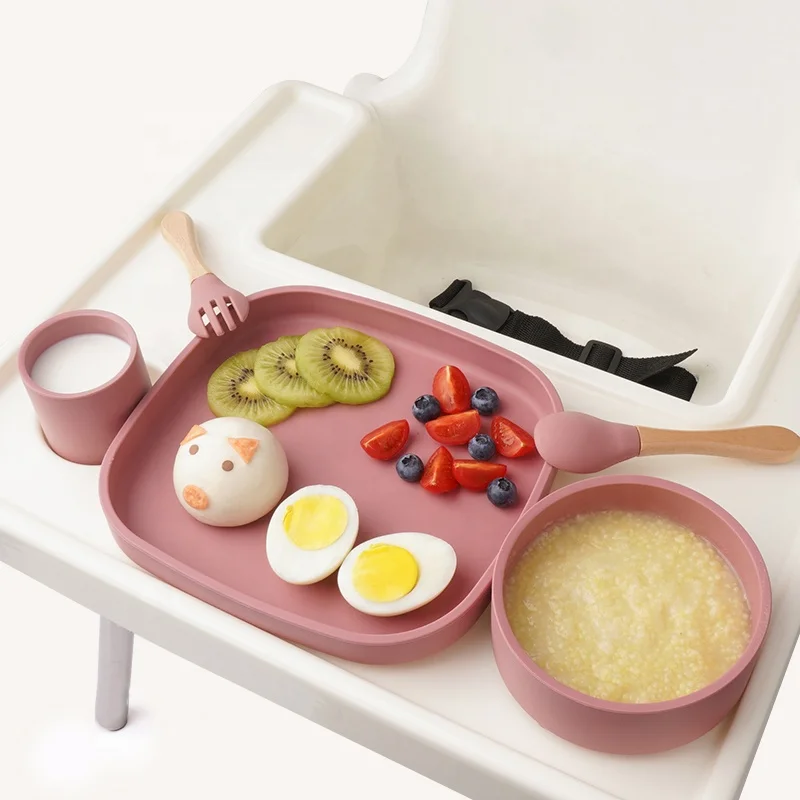 Eco Friendly OEM Light Blue 4Pcs 4-Piece Food Grade Toddler Accessories Tableware Silicone Baby Feeding Set With Custom Logo