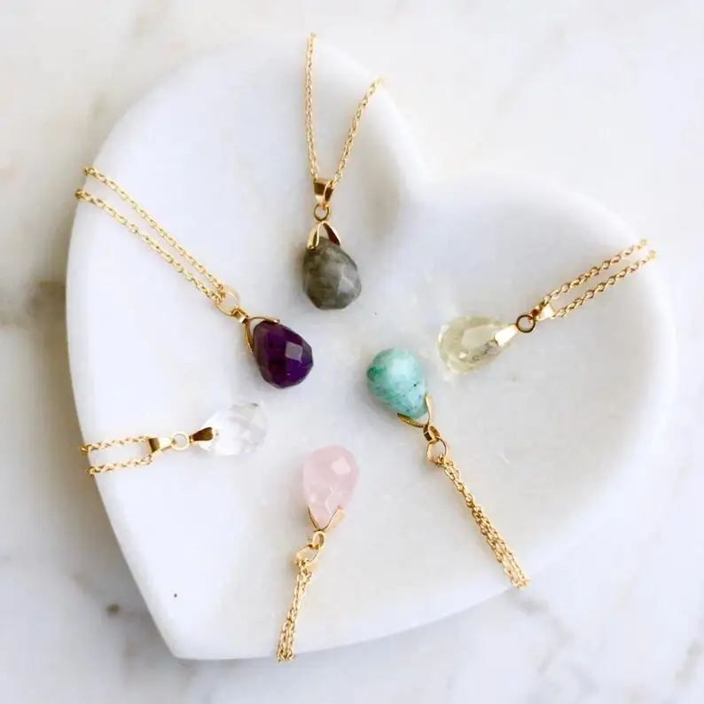 Simple Fashion Natural Stone Powder/Amethyst Pendant Necklace Gold Plated Natural Stone Crystal Necklace Faceted Drop Shape