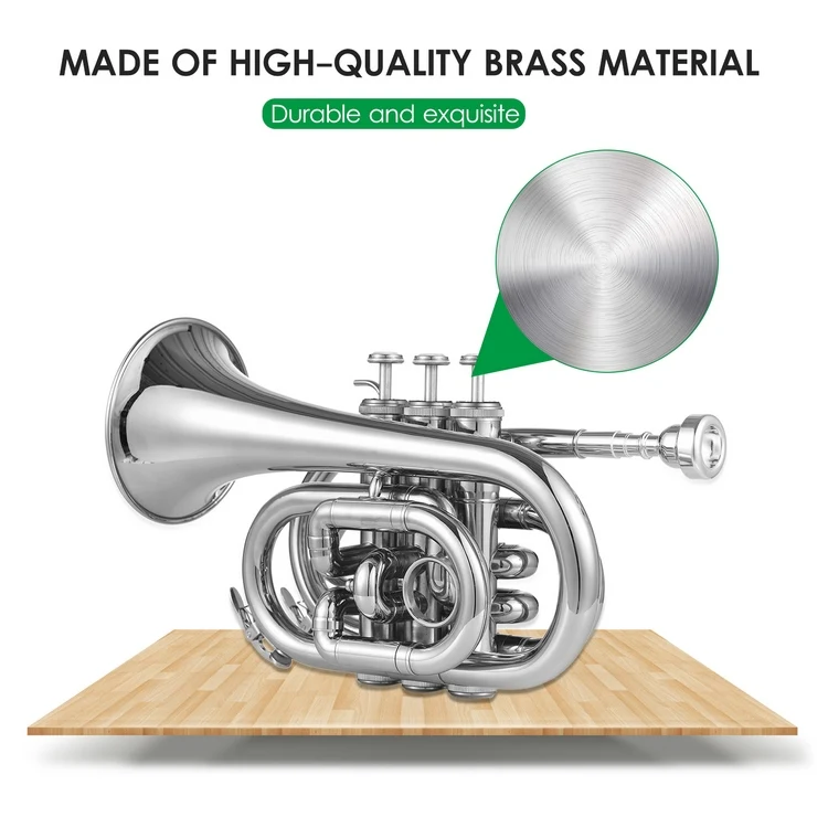 Bb Trumpet Mini Pocket Trumpet with Mouthpiece Carry Bag Gloves Cleaning Cloth Brass Instrument