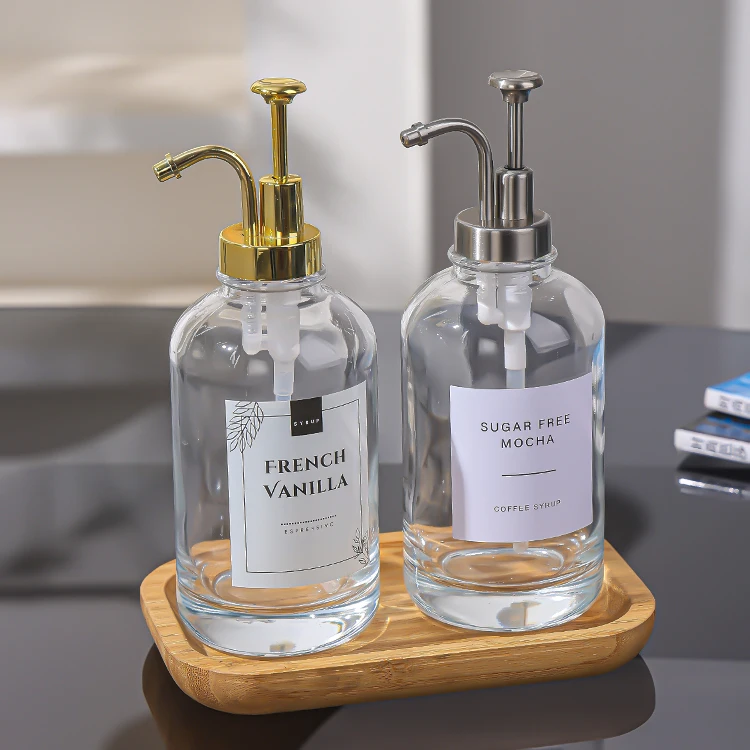 Custom 16 oz Frosted Clear Glass Syrup Dispenser Bottle Stainless Steel Pump Hand Sanitizer Shampoo Dispenser Screen Printed