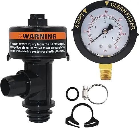 98209800 High Flow Manual Relief Valve/Air Relief Manual Valve Assembly with Pressure Gauge, Replacement for Pool and Spa Filter