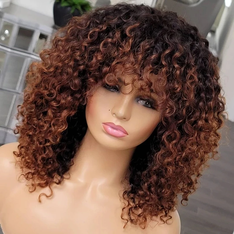 Cute Curly Wave Ombre Brown Colour Cuticle Aligned Human Hair Lace Front Wig With Hair Bang