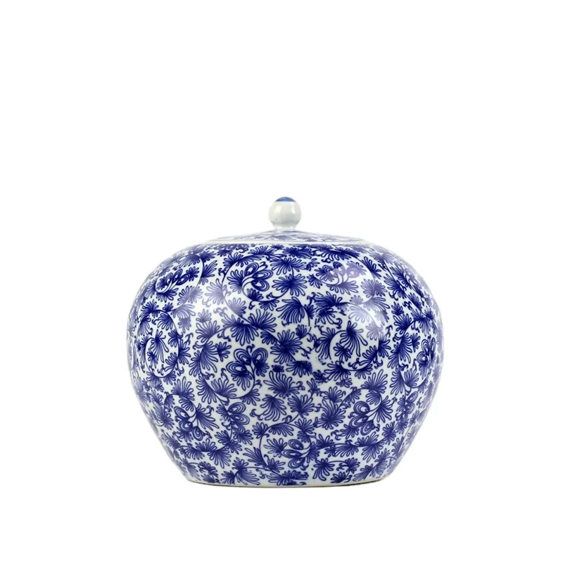 RZIX02 Blue and white porcelain twinning leaf ceramic cookie jar storage container tea porcelain jars