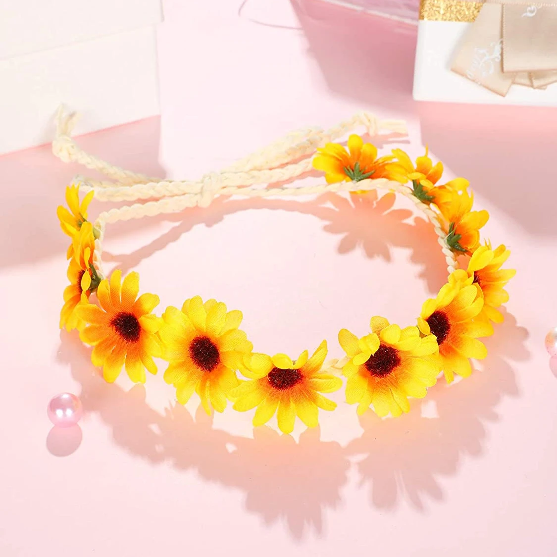 Sunflower Crown Hair Wreath Daisy Flower Headbands Hippie Headbands Adjustable Floral Bridal Headpiece for Hippie Party Wedding