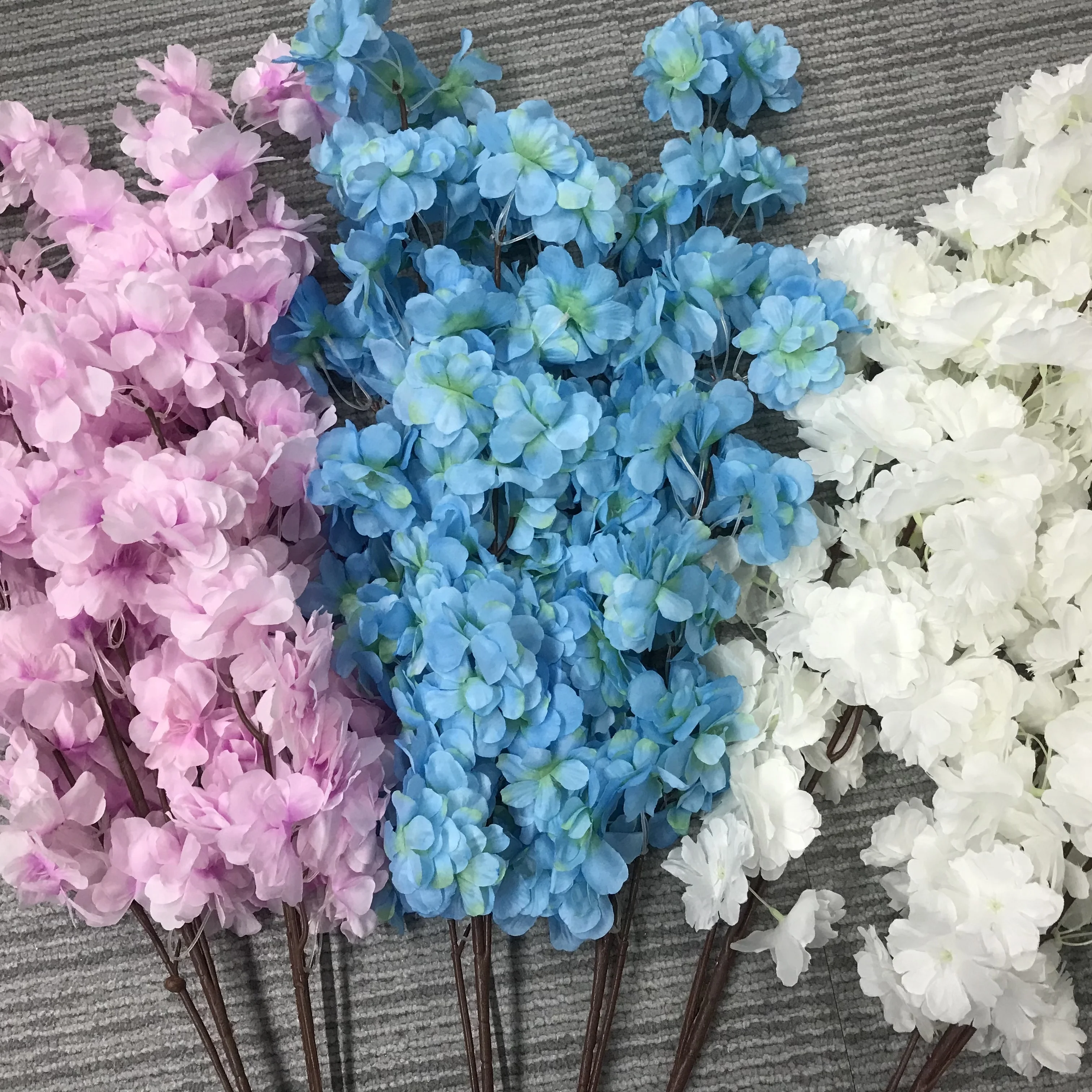 2023 New Trend Light blue Purple Artificial Tree Cherry Blossom Branches with Silk flower for Decoration
