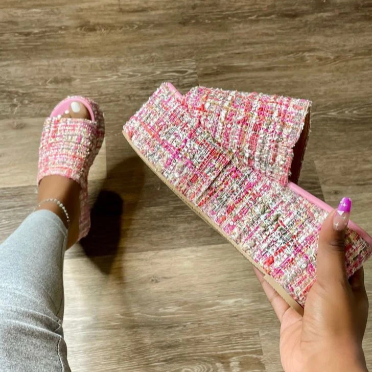 Wholesale platform sandals shoes woolen cloth wedge thick bottom outdoor roman slipper sandals for women and ladies