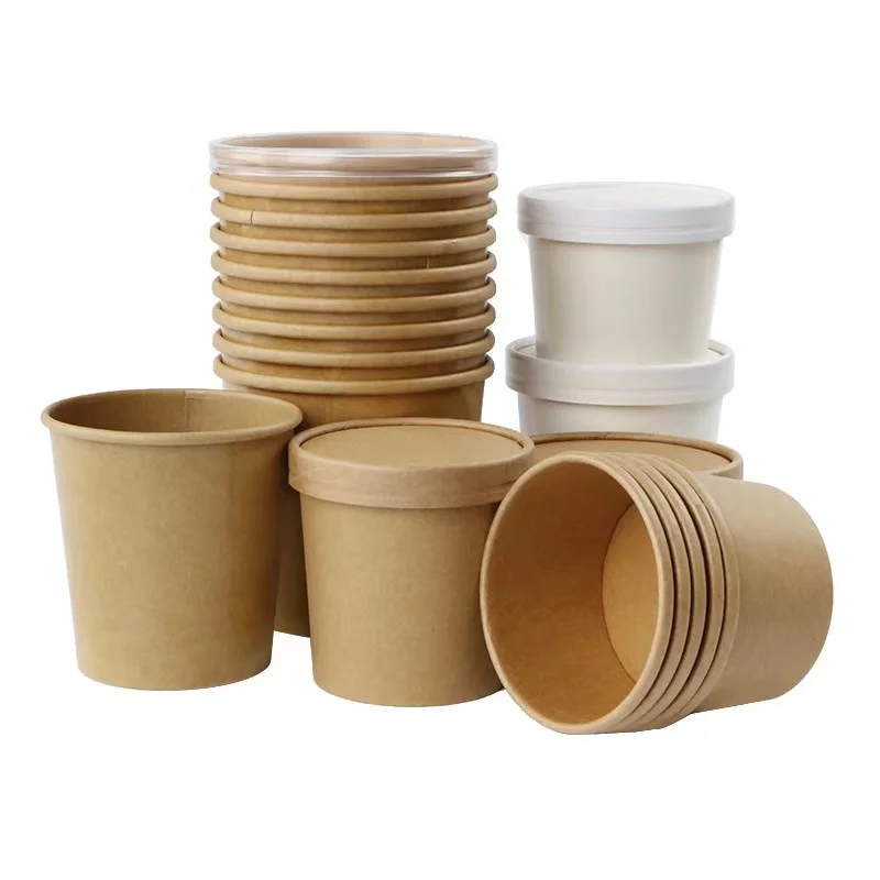 Eco Custom Logo Disposable Kraft Paper 16oz 26oz 32oz Noodle Soup Container With Lid