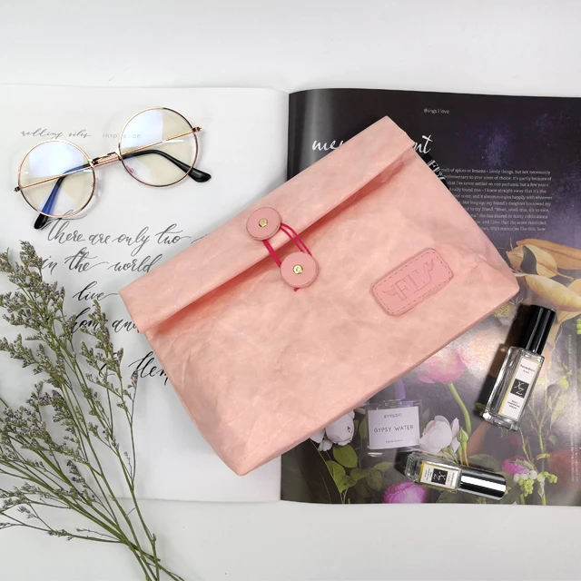 Custom Logo Tyvek Cosmetic Bag Top Folding Waterproof Pink Makeup Organizer Bag