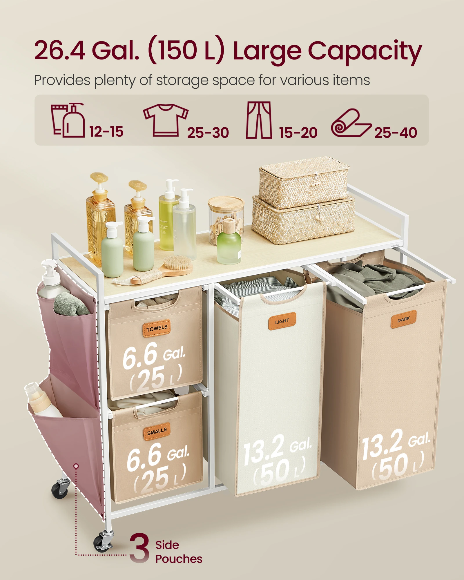 VASAGLE 4 Compartments Laundry Hamper for Bathroom Bedroom Wardrobe 4-Section Laundry Sorter Cart Laundry Basket with Wheels