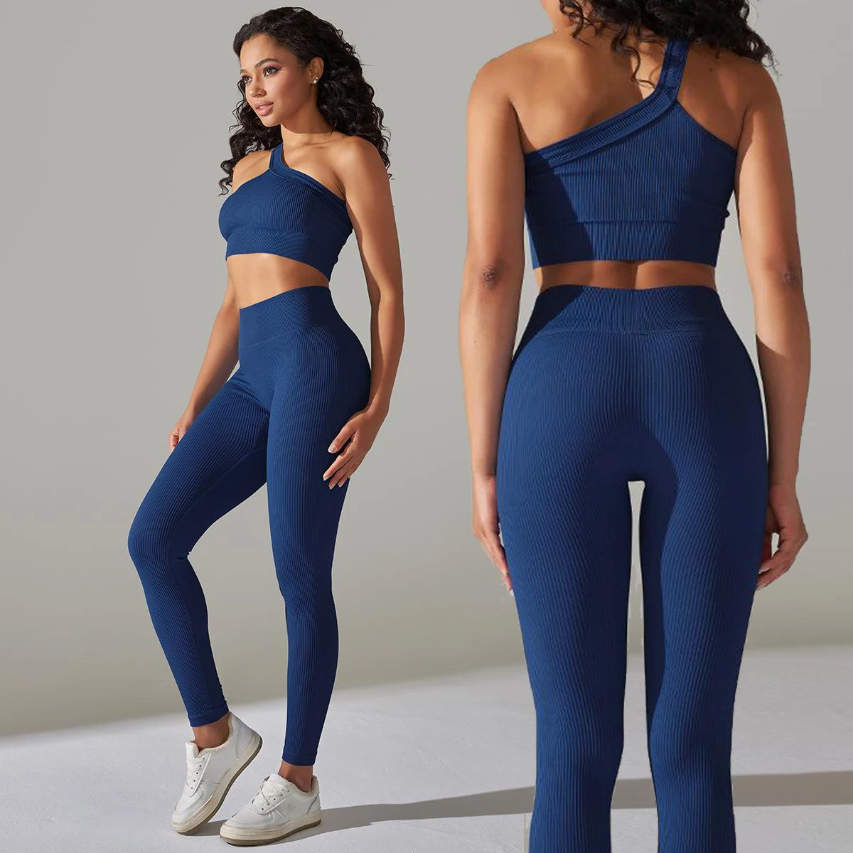 Women Ribbed Activewear Set Two Piece Seamless Bra Legging Set One Shoulder Sports Bra Set
