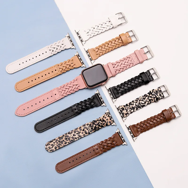 Special Design Braid Watch Band Woven Leopard Print Leather Watch Strap For Apple Watch 41mm 45mm