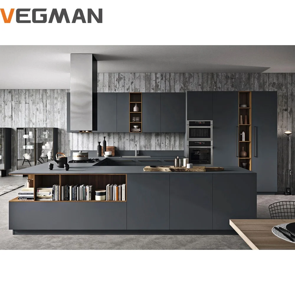 luxury high end kitchen cabinet u shaped modern style black matte smart kitchen furniture