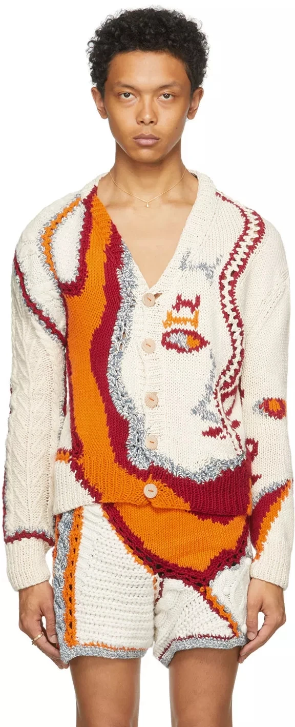 YF  Custom V Neck Abstract Knitted Fashion Button Up Loose Long Sleeve Jacquard Cardigan  Beige Sweater Pattern Cardigan Men