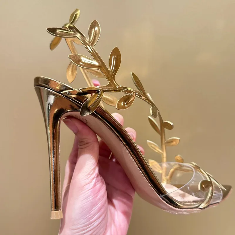 New Arrivals Fashion Women Gold Leather Slingback High Heel Shoes Slides Sandals For Ladies