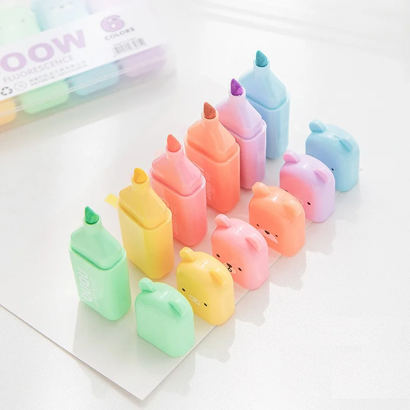 4/6pcs Cartoon Bear Color Highlighter Marker Pens Set Cute Mini Fluorescent Pen